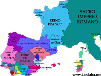 El occidente europeo en 1034, en el apogeo del reinado de Sancho "el Mayor" de Navarra. Haga clic sobre la imagen para ampliar el mapa