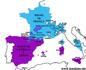 Territoris de Castella i Aragó, França i Navarra en 1500. Faci clic sobre la imatge per ampliar el mapa