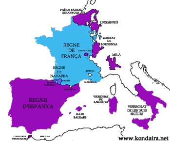 Territoris d'Espanya, França i Navarra en 1600. Faci clic sobre la imatge per ampliar el mapa