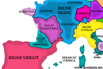 Mapa de l'Europa occidental abans de la invasió àrab de la península ibèrica (711 d.C.)