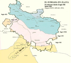 El retroceso del euskara en Álava. Haga clic sobre la imagen para ampliar el mapa