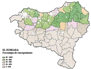 Porcentajes de euskaldunes. Haga clic sobre la imagen para ampliar el mapa