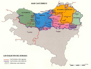 Zonas en las que se ha conservado el euskara coloquial. División en dialectos del euskara. Haga clic sobre la imagen para ampliar el mapa