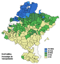 Porcentaje actual de vascoparlantes en Navarra. Haga clic sobre la imagen para ampliar el mapa