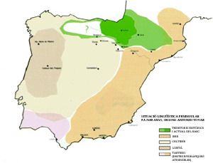 Situació lingüística de la península ibèrica fa 2500 anys segons el lingüista Antonio Tovar. Faci clic sobre la imatge per ampliar-la