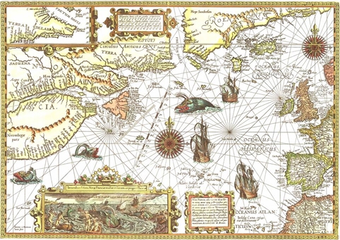 Mapa de 1592 en el que se señalan las zonas de caza de la ballena