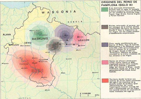 Orígenes del Reino de Pamplona (siglo IX). Haga clic en la imagen para ampliar el mapa