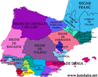 La península ibèrica en 1050, després del desmembrament del Regne de Pamplona-Nájera. Faci clic sobre la imatge per ampliar el mapa