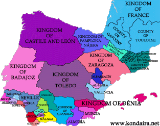 The Iberian peninsula in 1050, after the dismemberment of the Kingdom of Pamplona-Nájera. Click the map to enlarge