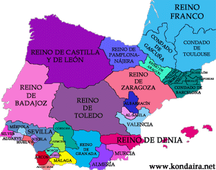 La península ibérica en 1050, después del desmembramiento del Reino de Pamplona-Nájera. Haga clic sobre la imagen para ampliar el mapa
