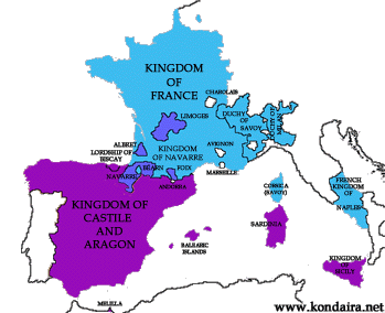 The territories of Castile, Aragon, France and Navarre in 1500. Click the map to enlarge