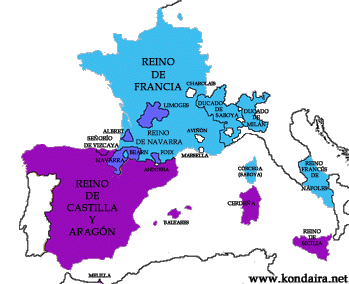 Territorios de Castilla y Aragón, Francia y Navarra en 1500. Haga clic sobre la imagen para ampliar el mapa