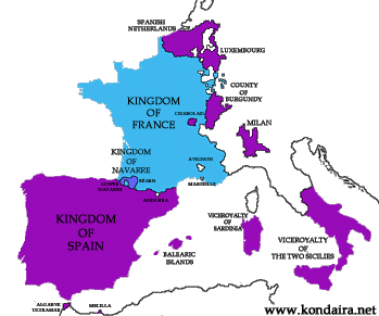 The territories of Spain, France and Navarre in 1600. Click the map to enlarge