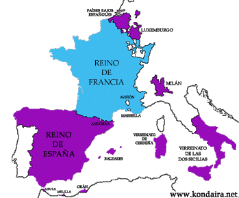 Territorios de España y Francia en 1700. Navarra desaparece como entidad política soberana. Haga clic sobre la imagen para ampliar el mapa