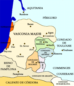 Mapa de partición del Ducado de Vasconia en el 920. Haga clic sobre la imagen para ampliar el mapa