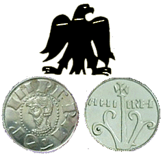 El Arrano Beltza o Águila Negra (en la parte superior). Anverso y reverso de la primera moneda cristiana peninsular (en la parte inferior)