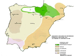 Linguistic situation of the Iberian Peninsula 2500 years ago, according to the linguist Antonio Tovar. Click the map to enlarge.