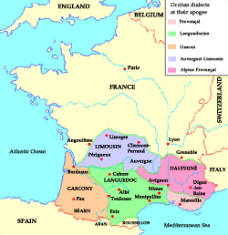 The Occitan dialects. Click on the map to enlarge