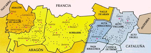 Restos de la toponimia vasca en la zona central de los Pirineos peninsulares. Haga clic sobre la imagen para ampliar el mapa